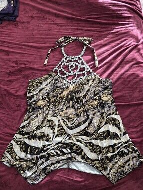 Y2k Venus Large Beaded Halter Animal-Print Women’s Top in Black and Gold